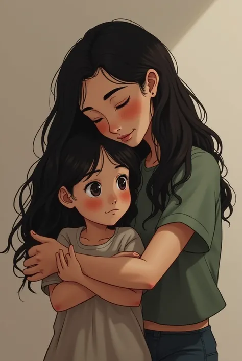 Female teacher with black hair, wavy, black and waist length, Hugged with much nostalgia a very very small girl of , with short straight hair.