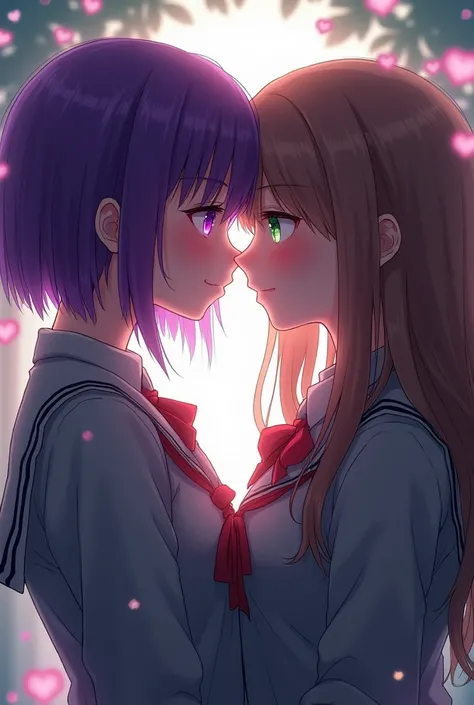 Woman with purple tomboy hair, purple eyes wearing school uniform, along with her girlfriend with light green eyes, long brown hair  