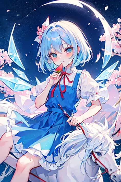 The strongest Cirno, Cirno is eating watermelon, (Chibi, cirno, blue hair, ice wings, 1Chibi princess, stand next to 🐎, smirk, cute, (Chibi　Riding a pure white horse　There is a pure white horse　🐴　Cherry Blossoms at Night　Cherry blossom blizzard at night　Wi...