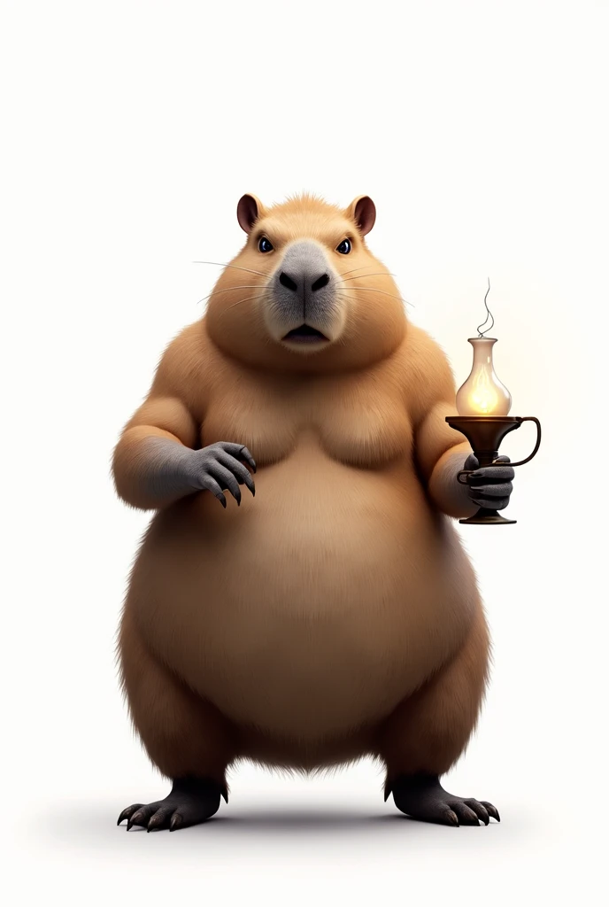 strong and threatening capybara with closed mouth standing holding an oil lamp (nursing symbol) realistic on a white background