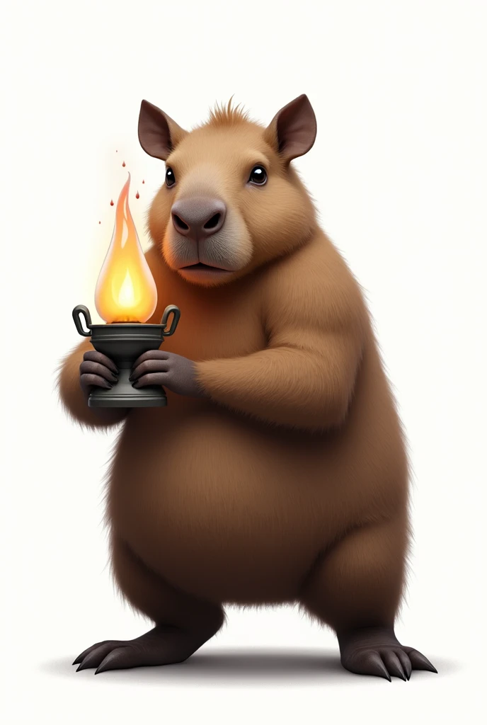 threatening capybara with closed mouth standing holding an oil lamp (nursing symbol) realistic on a white background