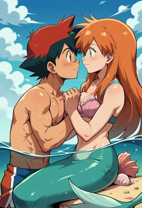 1boy, ash ketchum, black hair, brown eyes, hair between eyes, ash ketchum, shirtless, male swimwear, handsome boy, macho, good looking boy, muscular boy 1girl, misty pokemon, orange hair, long hair, hair down, green eyes, mermaid costume, seashell bra, mer...