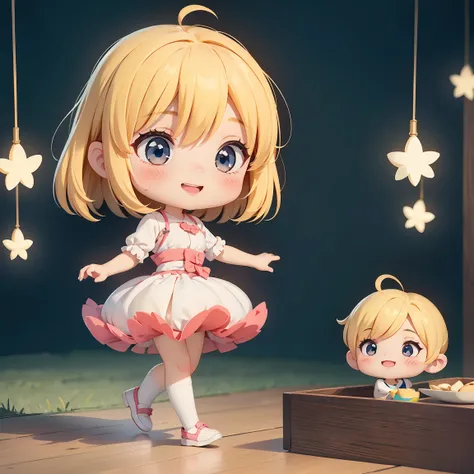 Super Chibi Character：1.8、Blonde Hair、Cute  girl、Cute Costumes、Super Chibi Character：1.8、Super Smile、Dancing happily