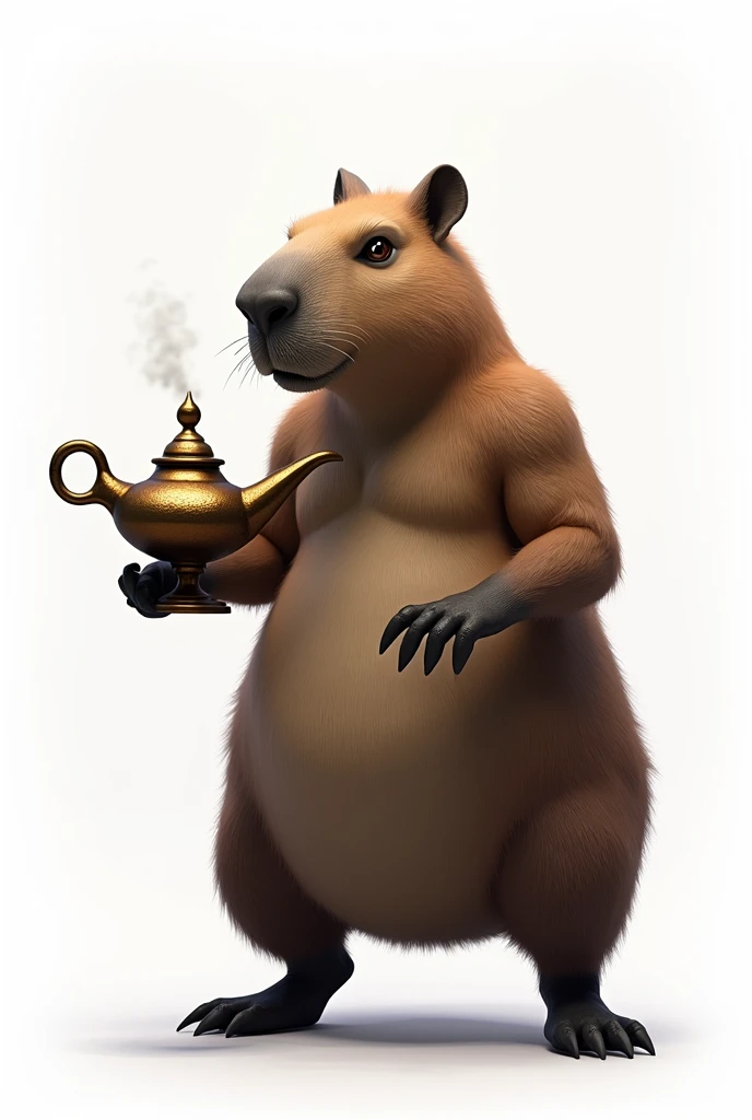 threatening capybara standing holding a flattened magic lamp(nursing symbol) realistic on a white background