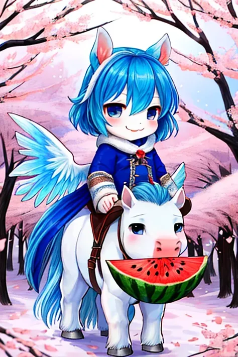 The strongest Cirno, Cirno is eating watermelon, (Chibi, cirno, blue hair, ice wings, 1Chibi princess, stand next to 🐎, smirk, cute, (Chibi　Riding a pure white horse　There is a pure white horse　🐴　Cherry Blossoms at Night　Cherry blossom blizzard at night　Wi...