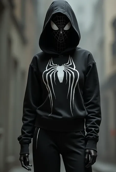 A spider-man in all his black clothing, Black sweatshirt with spider-man symbol, wide black pants,black mask with white with black hood,in a spidery pose and with few feminine features 