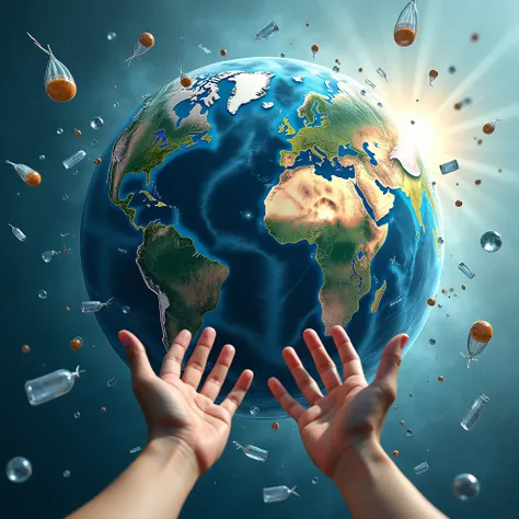 "A globe of Earth surrounded by floating plastic waste—bags, bottles, and other debris—polluting the oceans and land. The continents are partially obscured by plastic, highlighting the environmental crisis. In the foreground, a pair of hands is reaching ou...