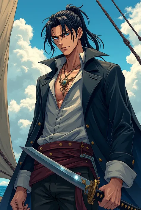 create a badass man anime pirate character with these characteristics: Hair: Black and long, tied in a low ponytail. A few strands fall on her face, giving her a wild look.
Eyes: Deep blue eyes that seem to analyze everything around them, with a cold but w...