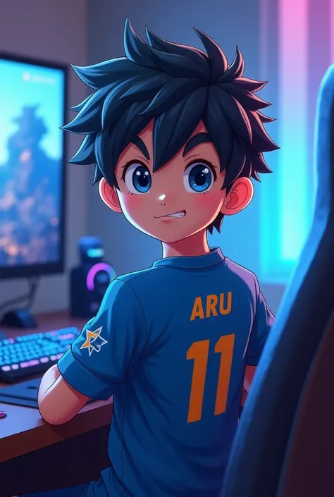 In anime world,a boy wearing jercy of Blue Tigers national football team of india,looking at camera skirking,in background a gaming rgb oc setup with a computer and a rgb pc.while sitting on a gaming chair,on his jercy name is ARU and no 11 on ut.boy is 16...