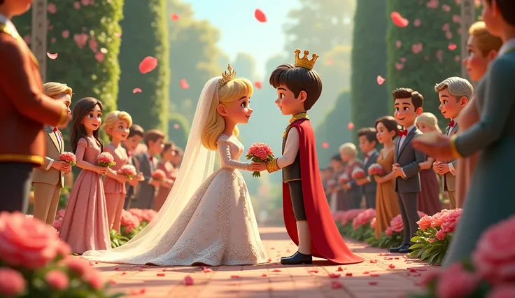 The royal wedding: The final image can show Cinderella and the prince at their wedding ceremony in the grand palace garden. Cinderella is in a beautiful bridal gown, and the prince in royal attire. The background is filled with flowers and well-dressed gue...