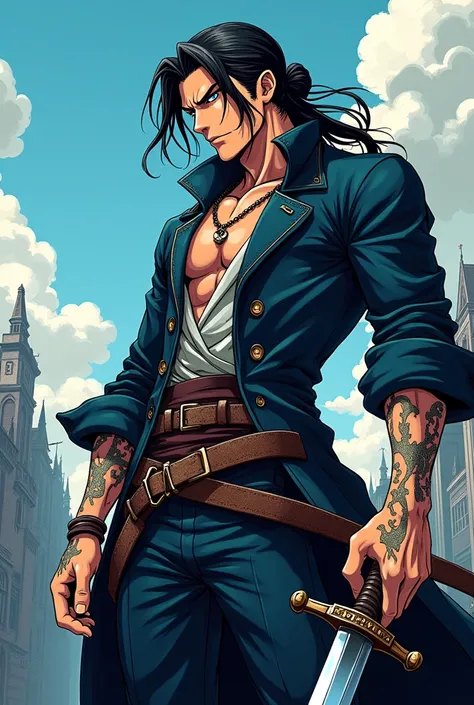 create a badass man anime pirate character with these characteristics: Hair: Black and long, tied in a low ponytail. A few strands fall on her face, giving her a wild look.
Eyes: Deep blue eyes that seem to analyze everything around them, with a cold but w...