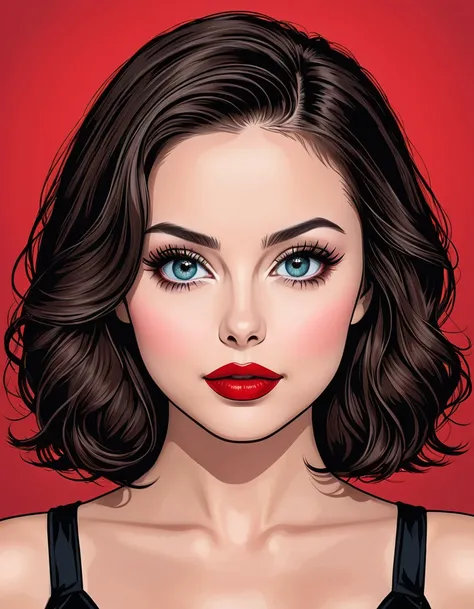 An illustrated comic-book style portrait of a beautiful female whose facial features are a combination of Willa Holland + Grace Phipps + Katherine Langford. The female has lovely makeup on her face. The female wears red lipstick. Symmetrical eyes. Symmetri...