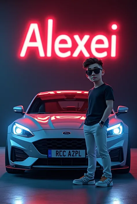 
Create a 3D illusion picture of a 28-years-old cartoon  black shirt and white chinos standing casually beside ford car with racing spoiler blue neon lights and license plate number TN 73 T 6052 The boy is wearing sneakers and sunglasses, and he looks ahea...