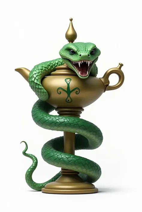 menacing green snake entwining a flattened magic lamp (nursing symbol) realistic on a white background