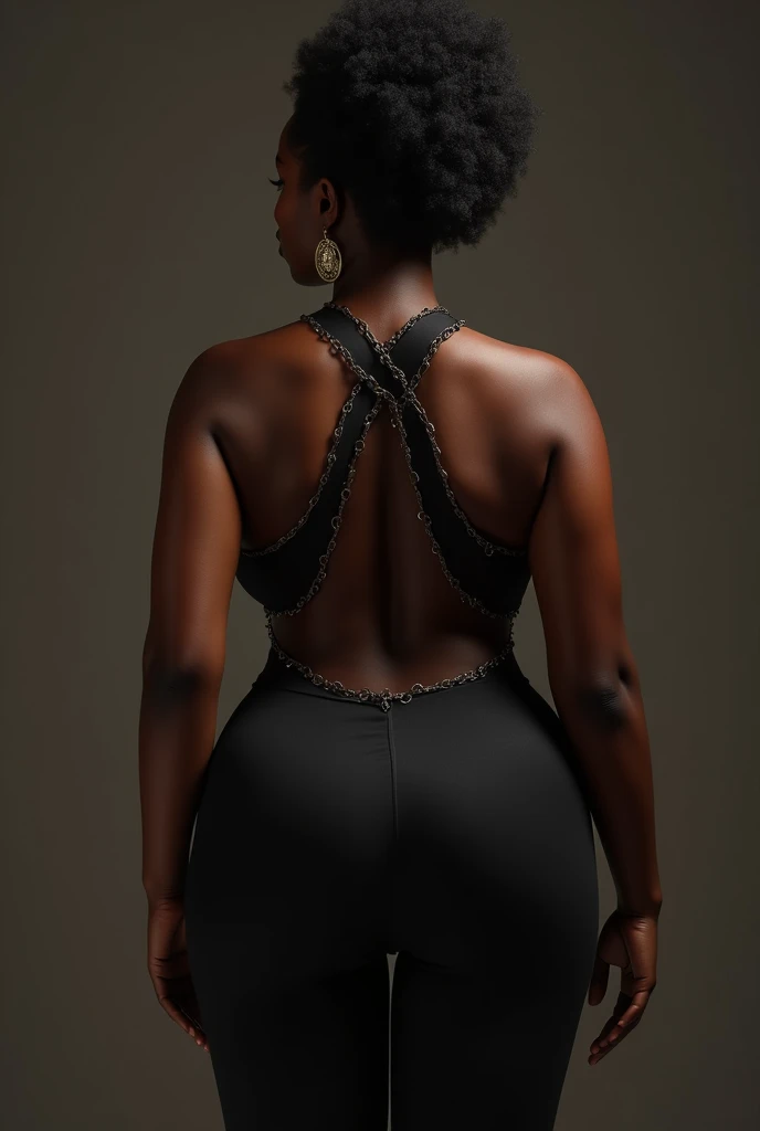 Busty African female wearing black halter hollow out backless chain fishtail lingerie dress rear view 