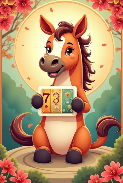 Request a picture of a horse holding a gypsy card with 3 auspicious numbers and symbols that bring good fortune and numbers that bring wealth, stability, fortune, made to look like a cartoon Zen pattern, good work, good life.