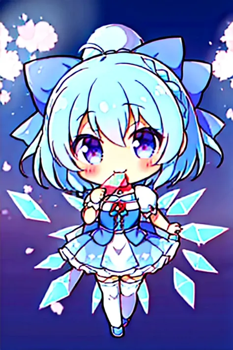 The strongest Cirno, Cirno is eating watermelon, (Chibi, cirno, blue hair, ice wings, 1Chibi princess, stand next to 🐎, smirk, cute, (Chibi　Riding a pure white horse　There is a pure white horse　🐴　Cherry Blossoms at Night　Cherry blossom blizzard at night　Wi...