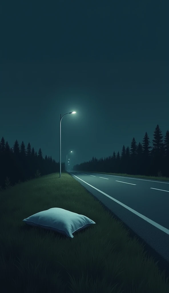 A highway at night, empty except for a single streetlight casting a dim glow. On the roadside, a small, white pillow lies abandoned on the grass. The surroundings feel desolate, with the distant woods barely visible in the darkness. There is an unsettling ...