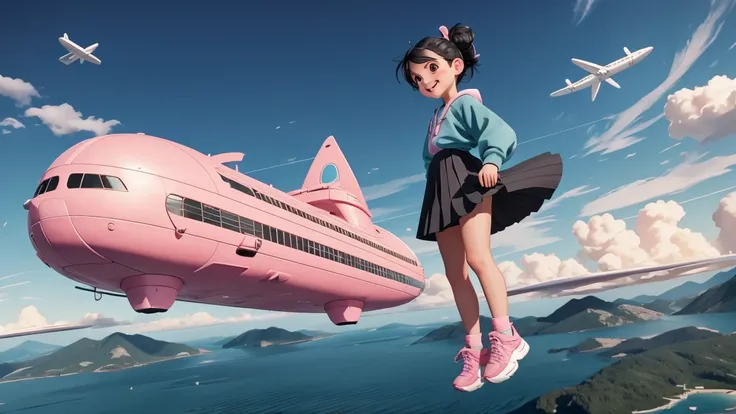 A cheerful girl with expressive brown eyes, black hair tied back with a pink ribbon, stands on the deck of a sleek futuristic airship. She wears a teal hoodie, a pink pleated skirt, and pink sneakers, holding a telescope in one hand. Her face is lit with e...