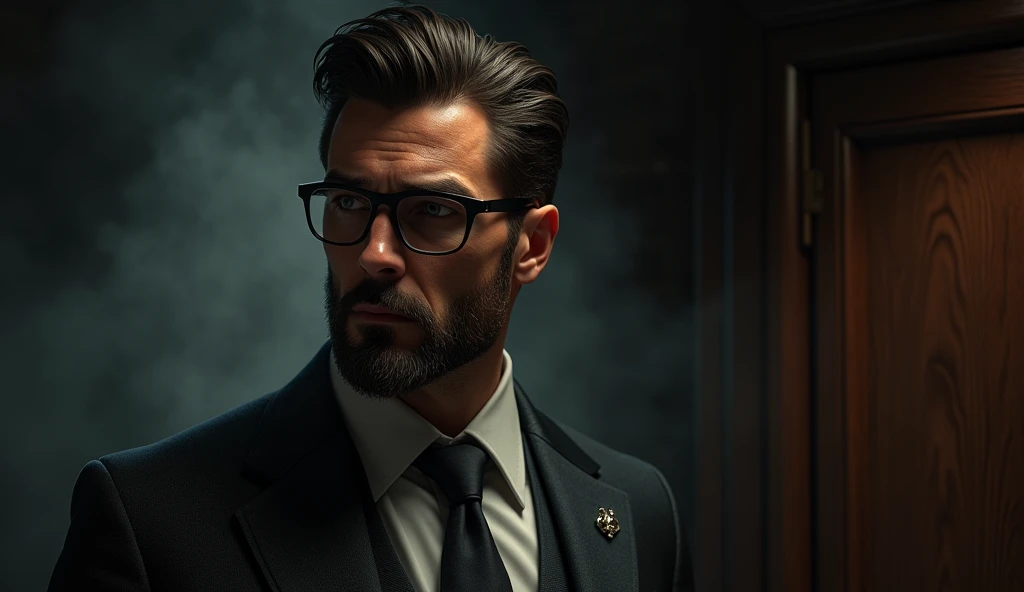 detective, beard, handsome man, glasses, short hair, cigarette