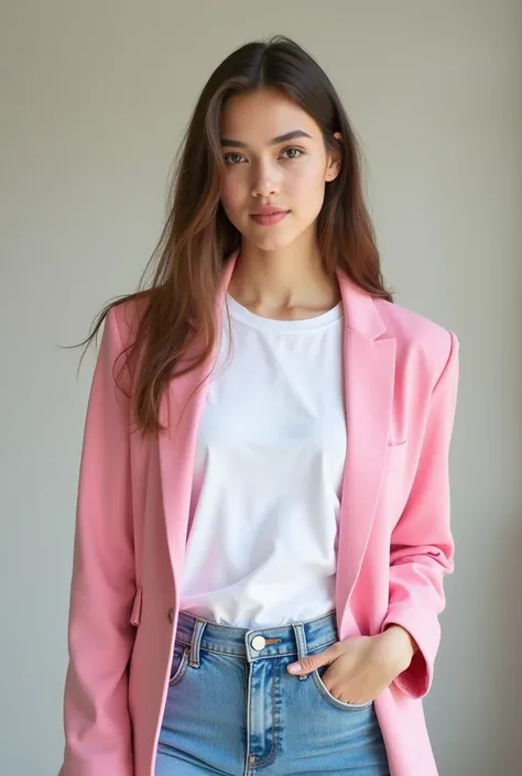 A person of age 18 posing to camara  with a onion pink blazer and white t- shirt inside and sky blue jeans