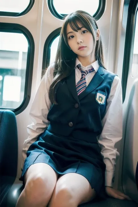 1 japanese female,cosplay japanese schoolgirl uniform,sitting in a train seat,(focus on her crotch:1.1),between clothes,under th...