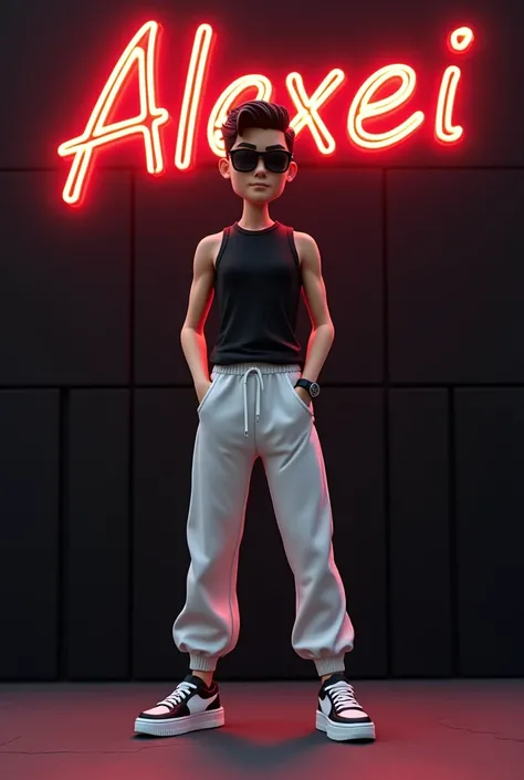 
Create a 3D illusion picture of a 28-years-old cartoon  black sleeves  and white joggers posing and The boy is wearing sneakers and sunglasses, and he looks ahead. The background features the word “Alexei ”in big and capital red neon light fonts on the bl...