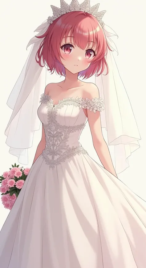 masterpiece,((best quality, 8k, ultra-detailed)),perfect anatomy, ,kanna kamui,(12yo girl :1.4) ,(solo:1.4),(flat chest:1.4),pretty face,Simple back ground,full body shot,(wedding dress:1.4),expose navel