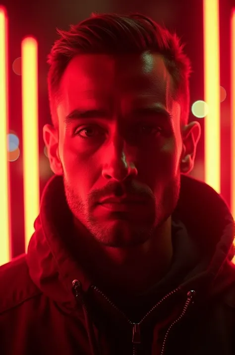 A man with neon lights in front of him, in the style of red and amber, bertil nilsson, collaborations and collectives, charly amani, photo taken with provia, lightningwave, edgy .Background text "CHROME.FX"