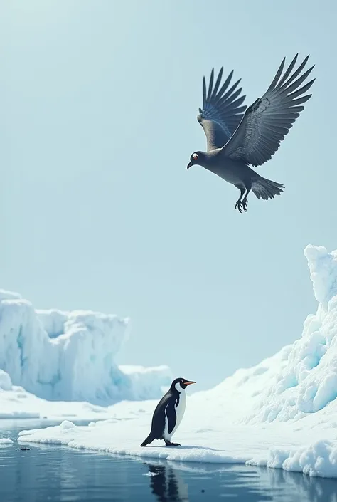  Penguin and vulture in one frame real  in icy watery  background  vulture fly