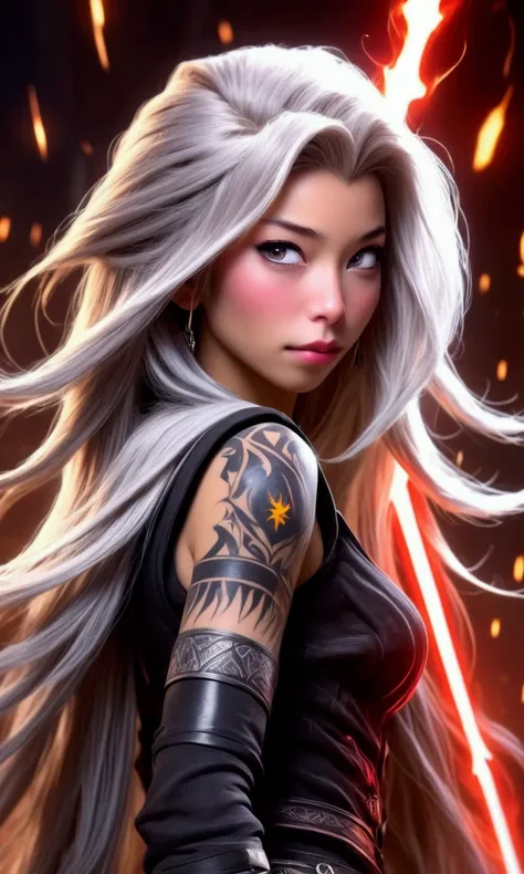 a cute yuna, evil sith master, long white hair, extensive evil violet tattoos, bright citrine eyes, sexy black outfit, lightning dances on her right arm, wild hair, evil expression, damaged interior of a rebel starship, rebel soldiers lie dead and smoking ...