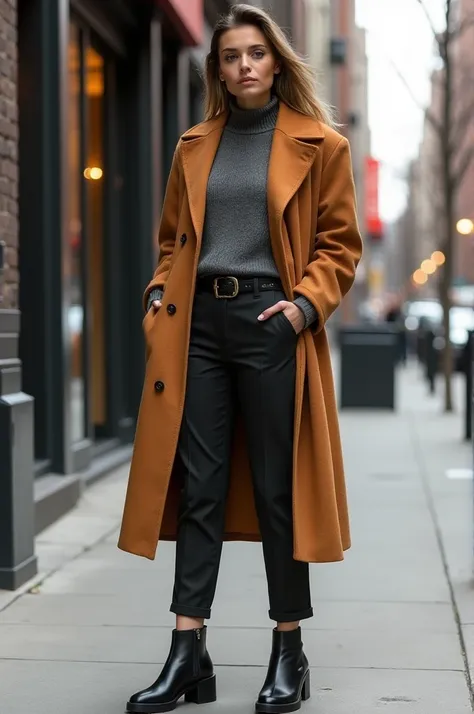 Slacks, long cardigan with matching skinny belt, and a pair of ankle boots