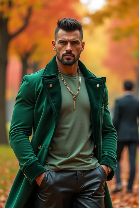 master piece, HD wallpaper, 4k hombre latino handsome y musculoso )(hairy body) strong and muscular legs tight leather pants, Two-tone T-shirt with a spectacular fashiongreen  gamuza  and velvet jacket, Fashion, modern surrealist print,, close up, perfect ...