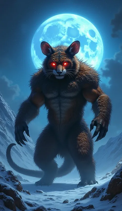 A mouse and tiger convert into a warrior monster with dark red eyes blue moon night at snow mountains 