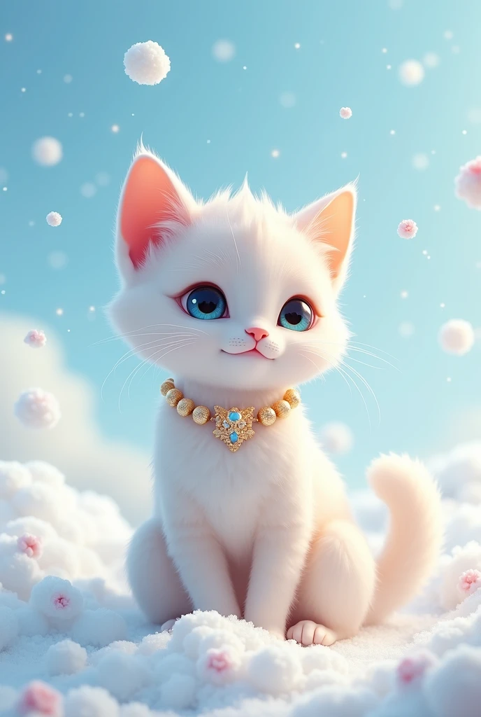 A cute attractive cat who,s face is smooth like a icecream  and surrounding with snow bubble and wearing beautiful assesories sitting in a snow in the sky