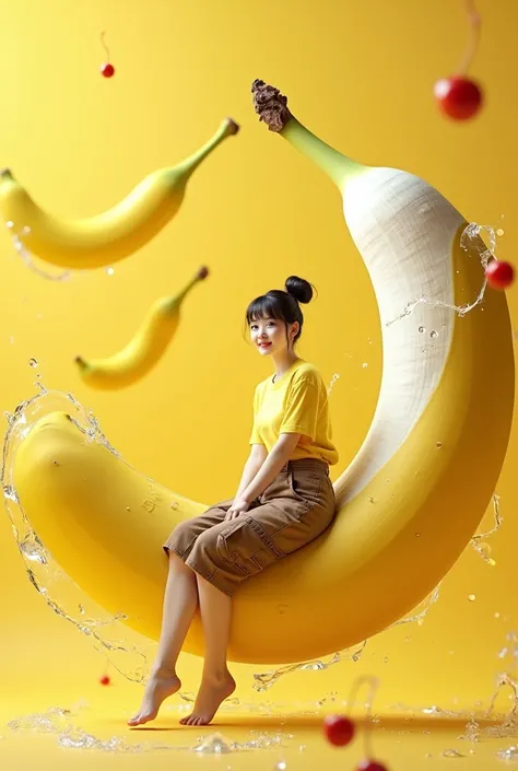 fotorealistik  sinematik  3D yang menawan dan glamor dari yellow banana fruit  besar ,  yellow banana fruit . The banana is decorated with sparkling diamonds and a beautiful Korean woman with smooth white skin, a perfectly groomed face, her hair tied up in...