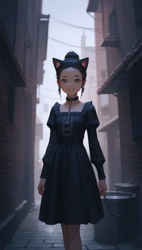 Anime Style。Cute girl child。。forehead。a realistic extremely detailed portrait of a girl with short black hair, cat ears,Being thin,Slender body。 saliva, realistic skin, Wearing a gothic black dress。Chain Accessories。smile。Standing in a medieval alley。night...