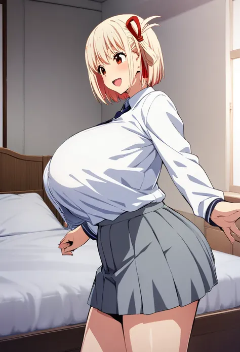 masterpiece of the highest quality, One Girl, game cg  nishikigi chisato, Bobcut, Hair Ribbon, White shirt、 Grey pleated skirt,Thin tie ribbon, Long sleeve, Huge breasts, bedroom, , Standing,Open your mouth、 smile、From the side:0.5、Eyes half closed