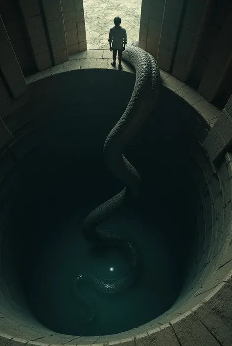 He looked down and saw that a huge snake was waiting for him to descend while he hanging in well