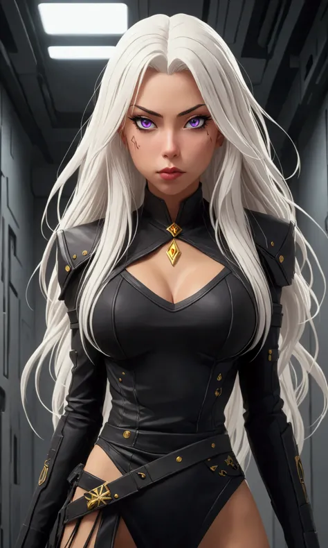 a cute yuna, evil sith master, long white hair, extensive evil violet tattoos, bright citrine eyes, sexy black outfit, lightning dances on her right arm, wild hair, evil expression, damaged interior of a rebel starship, rebel soldiers lie dead and smoking ...