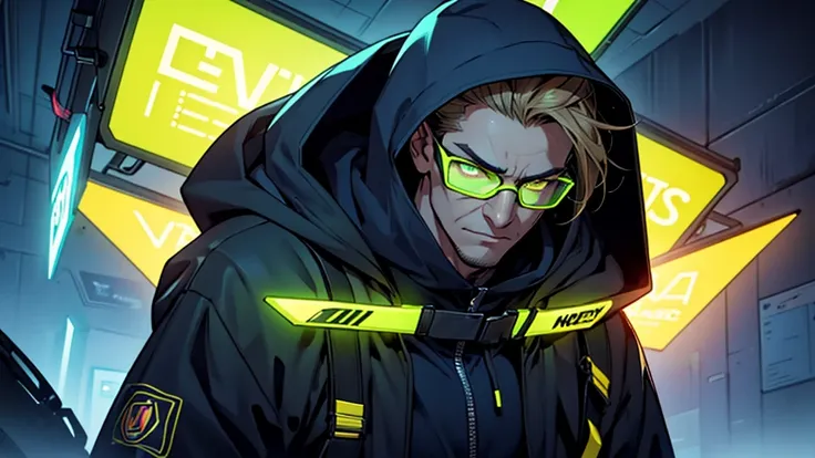 Create a semi-realistic representation of a man from the front, wearing a mask. He is wearing a jacket and a hood, wears glasses, has a nerdy style and has neon yellow eyes. The atmosphere should be mysterious and intense, highlighting your focused express...