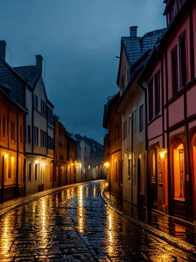 photograph, night, Rainy city, Landscape painting, Medieval European streets, Oil lamp, Soft light lamp, Stone, no people, Dark Red Rose