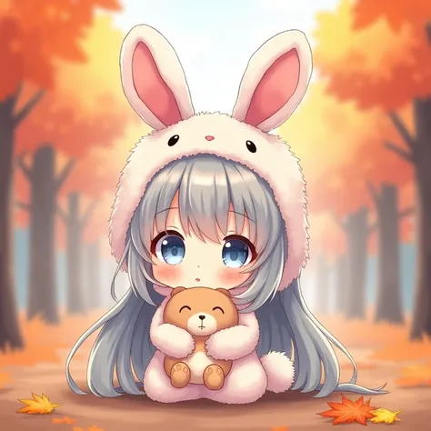 Chibi Character,High image quality,Facing forward,girl,Long Hair,Gray Hair,Light blue eyes,Wearing a rabbit costume,Holding a stuffed rabbit,cute,Fluffy atmosphere,I&#39;m sitting flat on the floor,Blushing, Look at, smile, Maple scenery