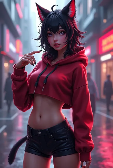 Female catgirl wearing croptop hoodie and shorts with the colors black and red digital art style 