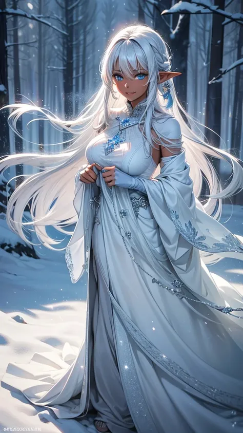 In the heart of a snow-covered forest, an enchanting elf stepped into view, her dark skin contrasting beautifully with the glistening white snow. Her long, silky white hair cascaded down her back, catching the light like shimmering ice. With piercing blue ...