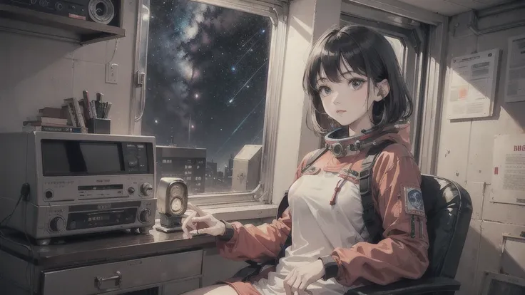 universe space、A beautiful woman is looking at the universe from a window、Cool vibe、Dressed in a red space suit、There is an old cassette radio nearby.、There&#39;s a spaceship nearby、You can see colorful planets、Old American atmosphere