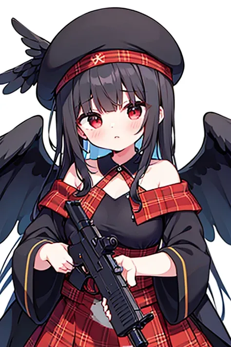 masterpiece, best quality ,
 1girl, cowboy hat, kurokomasaki, alone, gun, wings, weapon, black hair, red eyes, black wings, hat,...