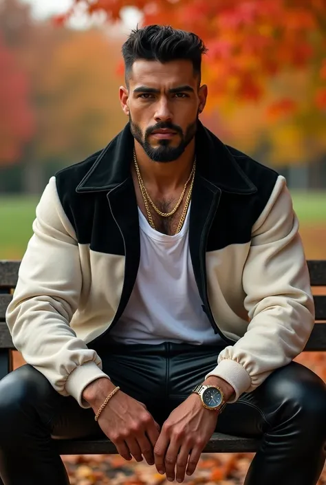 master piece, HD wallpaper, 4k hombre latino handsome y musculoso )(hairy body) strong and muscular legs tight leather pants, Two-tone T-shirt with a spectacular fashion black  and white gamuza  and velvet jacket, Fashion, modern surrealist print,, close u...