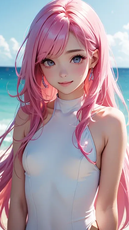 Best Quality、((8k))、Realistic、Gal、cute、thin灰色の目、Pink Hair、、Full make-up、thin、Flat Chest、White swimsuit、sea、Close-up of face、smile