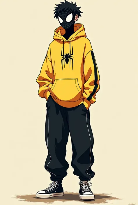 un spider-man, Light yellow sweatshirt with spider-man symbol, baggy black pants with black lines on the sides,black and white mask with light yellow hood, Black and white converse a little dirty 
,in a spidery pose and with few feminine features,At your s...